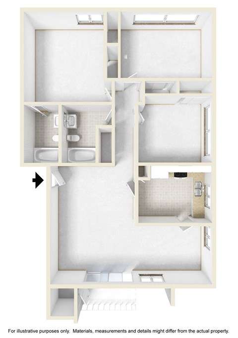 a floor plan of a studio apartment with an arrow pointing to the bathroom